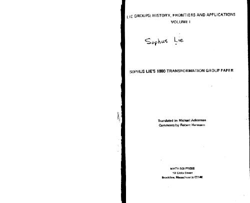 Обложка книги Sophus Lie's 1880 transformation group paper