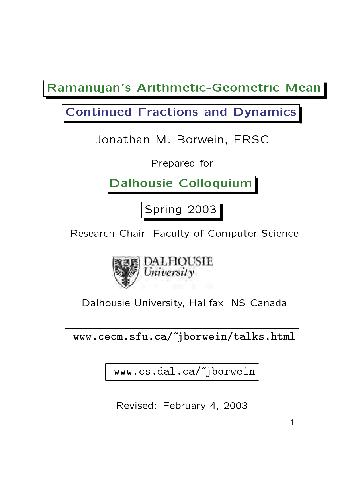 Обложка книги Ramanujan's Arithmetic Geometric Mean Continued Fractions and Dynamics Dalhousie Colloquium