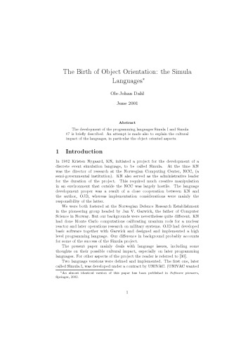 Обложка книги The birth of object orientation.The Simula languages