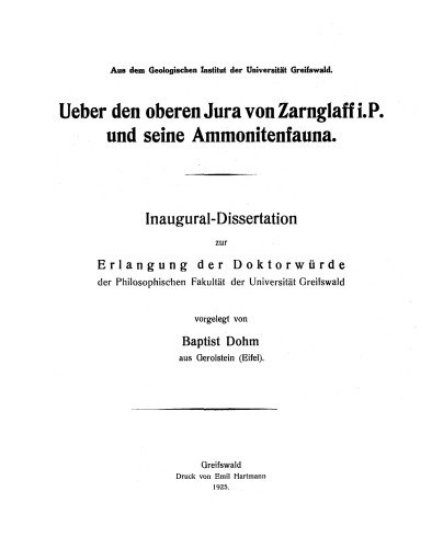Обложка книги Ueber den Oberen Jura von Zarglaff i.P. und seine Ammonitenfauna