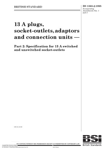 Обложка книги 13 A Plugs, Socket-outlets and Adaptors: Specification for 13 A Switched and Unswitched Socket-outlets BS 1363 