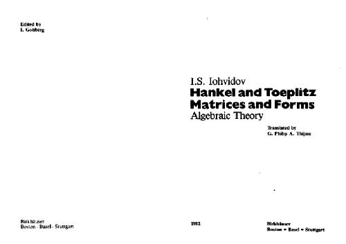 Обложка книги Hankel and Toeplitz matrices and forms. Algebraic theory