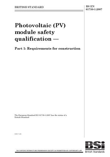 Обложка книги BS EN 61730-1:2007 Photovoltaic (PV) Module Safety Qualification - Part 1: Requirements for Construction