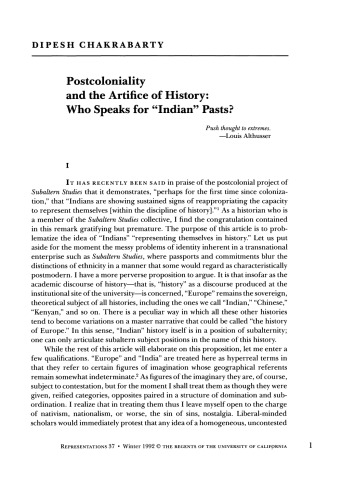 Обложка книги Postcoloniality and the Artifice of History: Who Speaks for ''Indian'' Pasts?