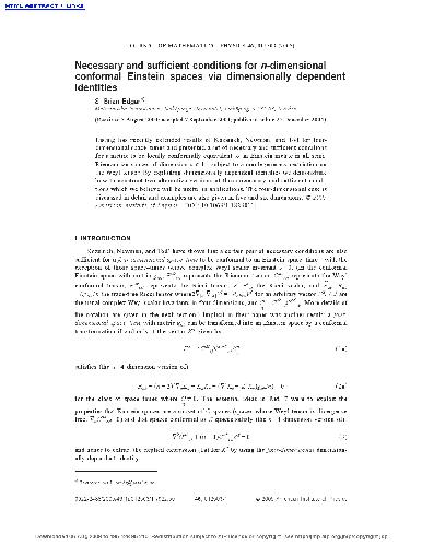 Обложка книги Necessary and sufficient conditions for n-dimensional conformal Einstein spaces via dimensionally dependent identities