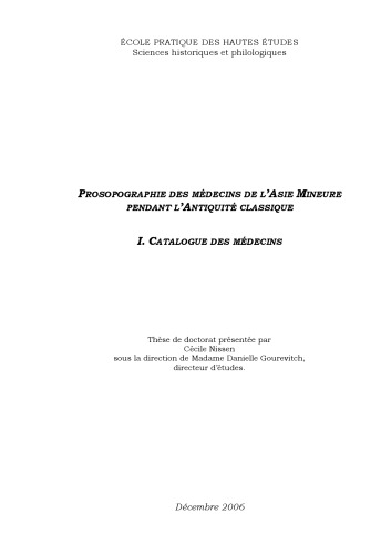 Обложка книги Prosopographie des médecins de l’Asie Mineure pendant l’Antiquité classique, I. Catalogue des médecins  