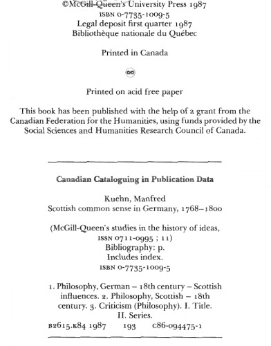 Обложка книги Scottish Common Sense in Germany, 1768-1800: A Contribution to the History of Critical Philosophy (Mcgill-Queen's Studies in the History of Ideas)  