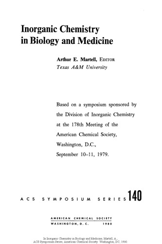 Обложка книги Inorganic chemistry in biology and medicine (ACS Symposium Series Volume 140) 
